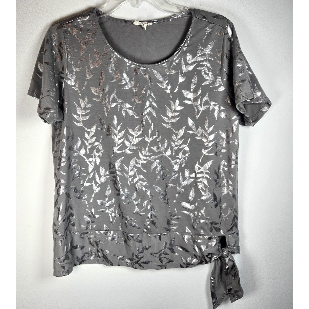 Como Blu Blouse Women's large Gray Tie Front Short‎ Sleeve Top Silver Floral
